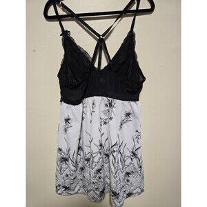 Cacique Chemise Women Plus Size 22/24 Black White Floral lace sheer Night gown